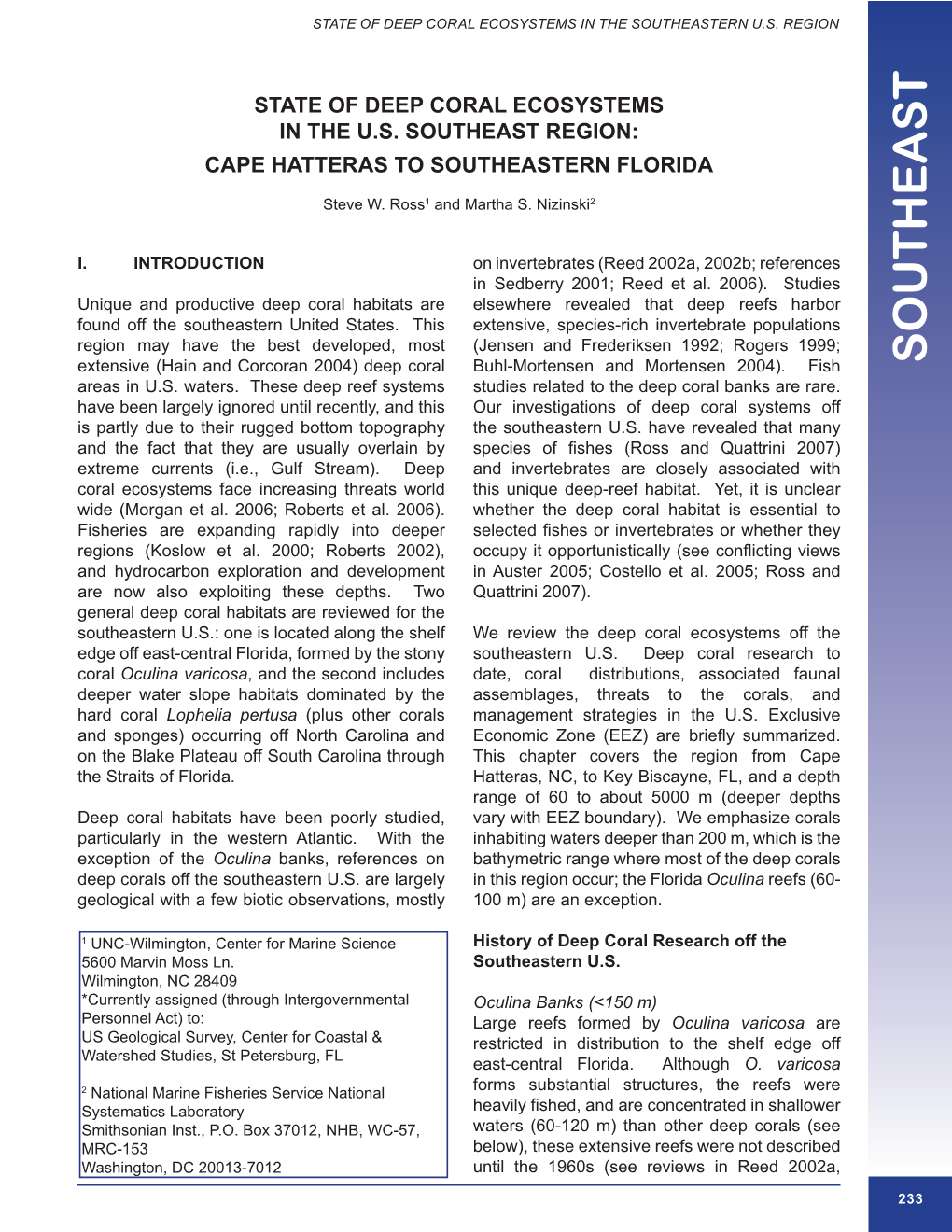 State of Deep Coral Ecosystems in the US Southeast Region