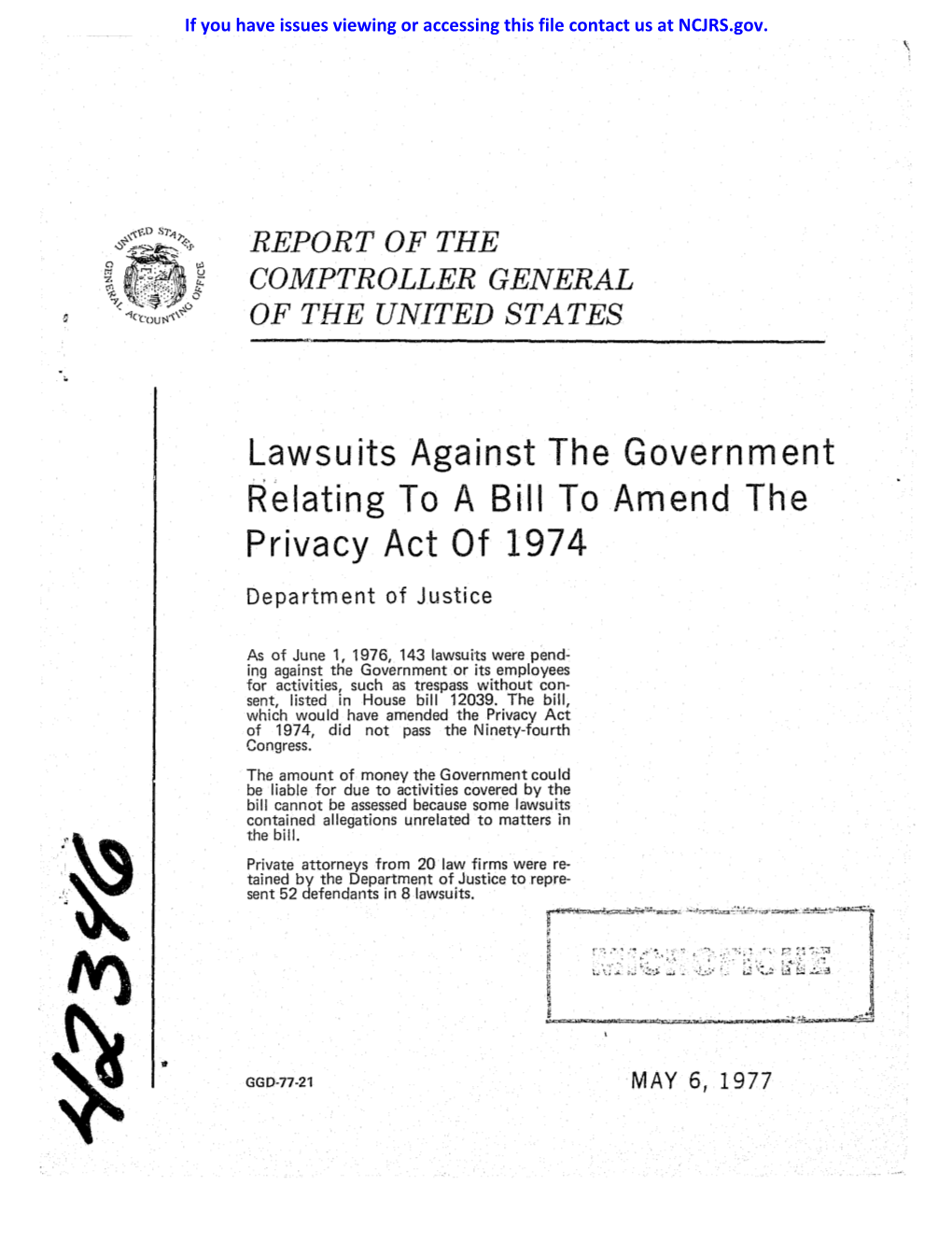 Lawsuits Against the Government Relating to a Bill to Amend the Privacy Act of 1974