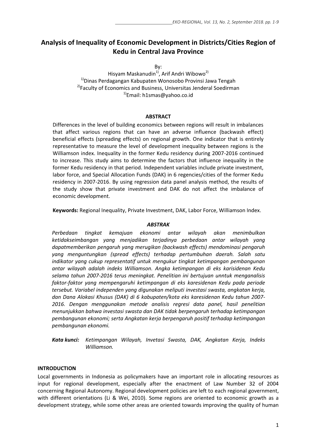 Analysis of Inequality of Economic Development in Districts/Cities Region of Kedu in Central Java Province