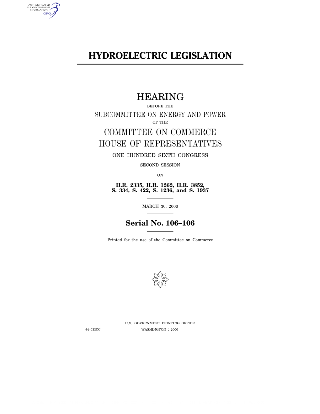 Hydroelectric Legislation Hearing Committee On