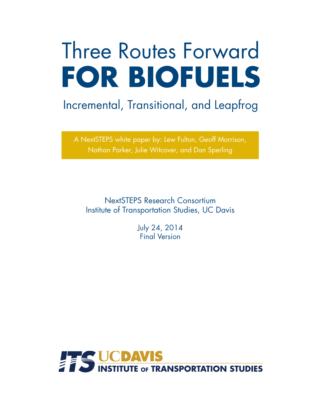 Three Routes Forward for BIOFUELS Incremental, Transitional, and Leapfrog