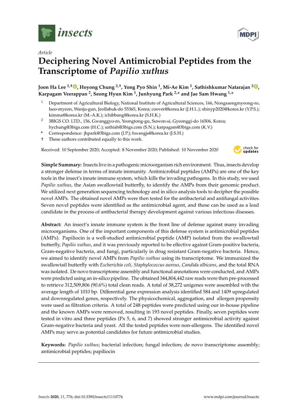 Deciphering Novel Antimicrobial Peptides from the Transcriptome of Papilio Xuthus