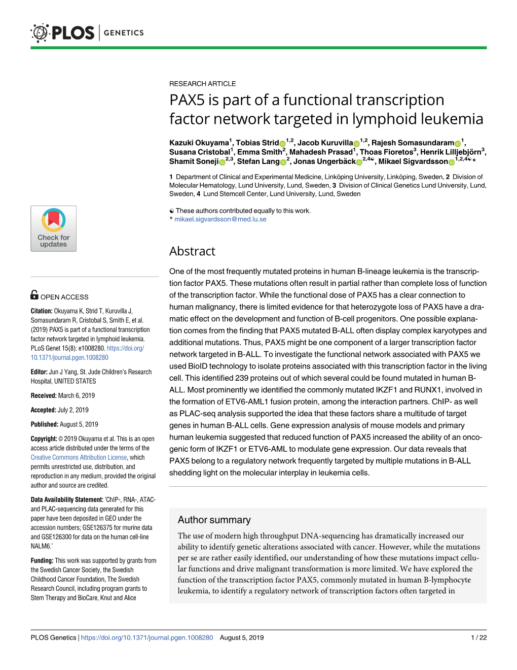 PAX5 Is Part of a Functional Transcription Factor Network Targeted in Lymphoid Leukemia