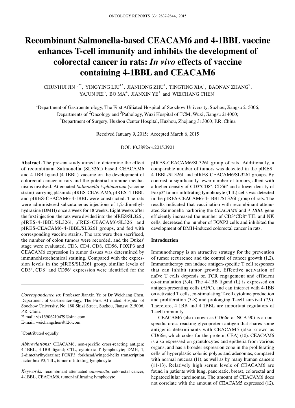 Recombinant Salmonella-Based CEACAM6 and 4-1BBL Vaccine