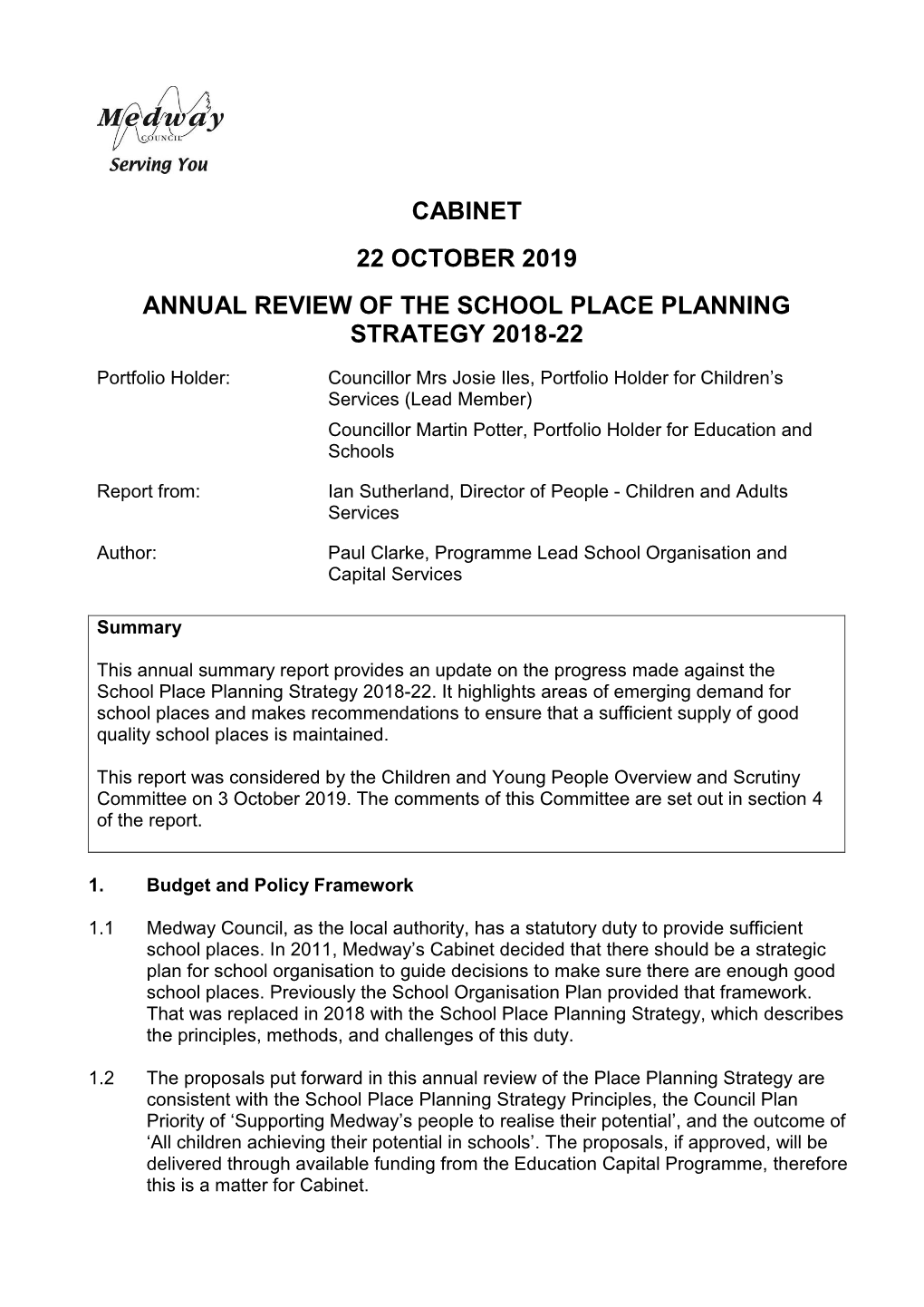 Cabinet 22 October 2019 Annual Review of the School Place Planning Strategy 2018-22