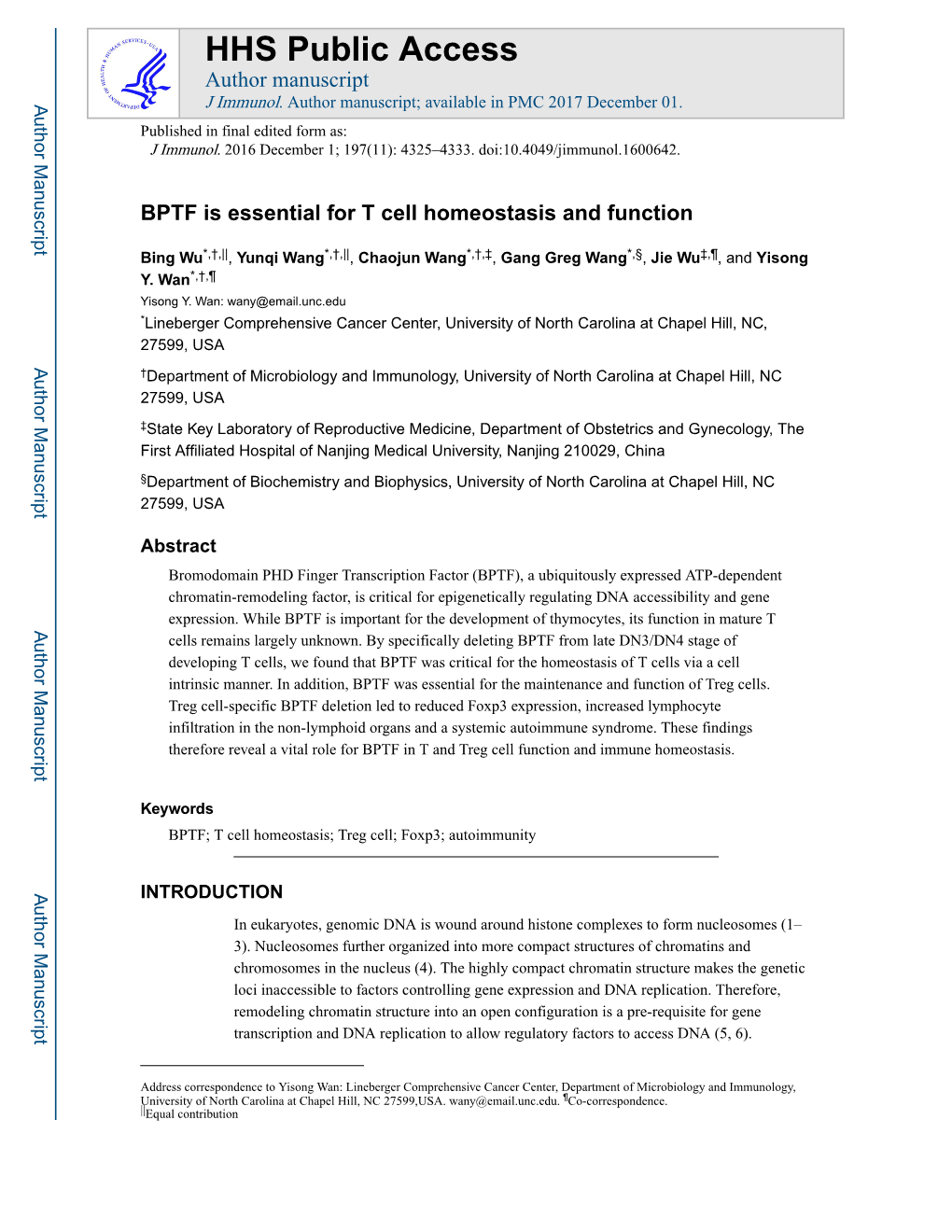 BPTF Is Essential for T Cell Homeostasis and Function