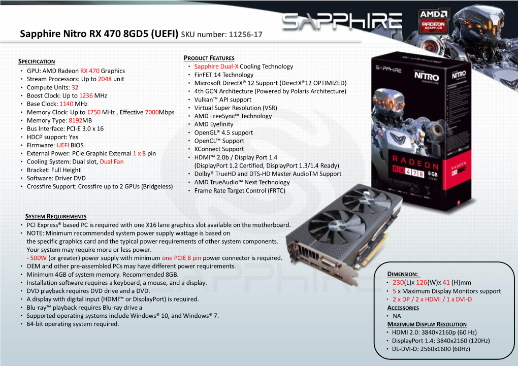 Sapphire Nitro RX 470 8GD5 (UEFI) SKU Number: 11256-17