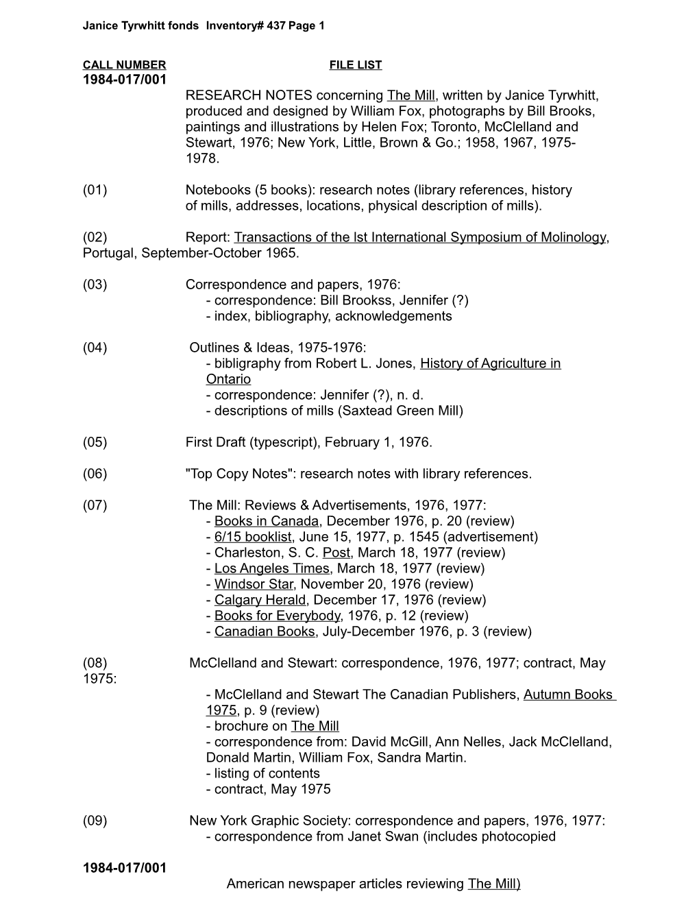 1984-017/001 RESEARCH NOTES Concerning the Mill, Written By