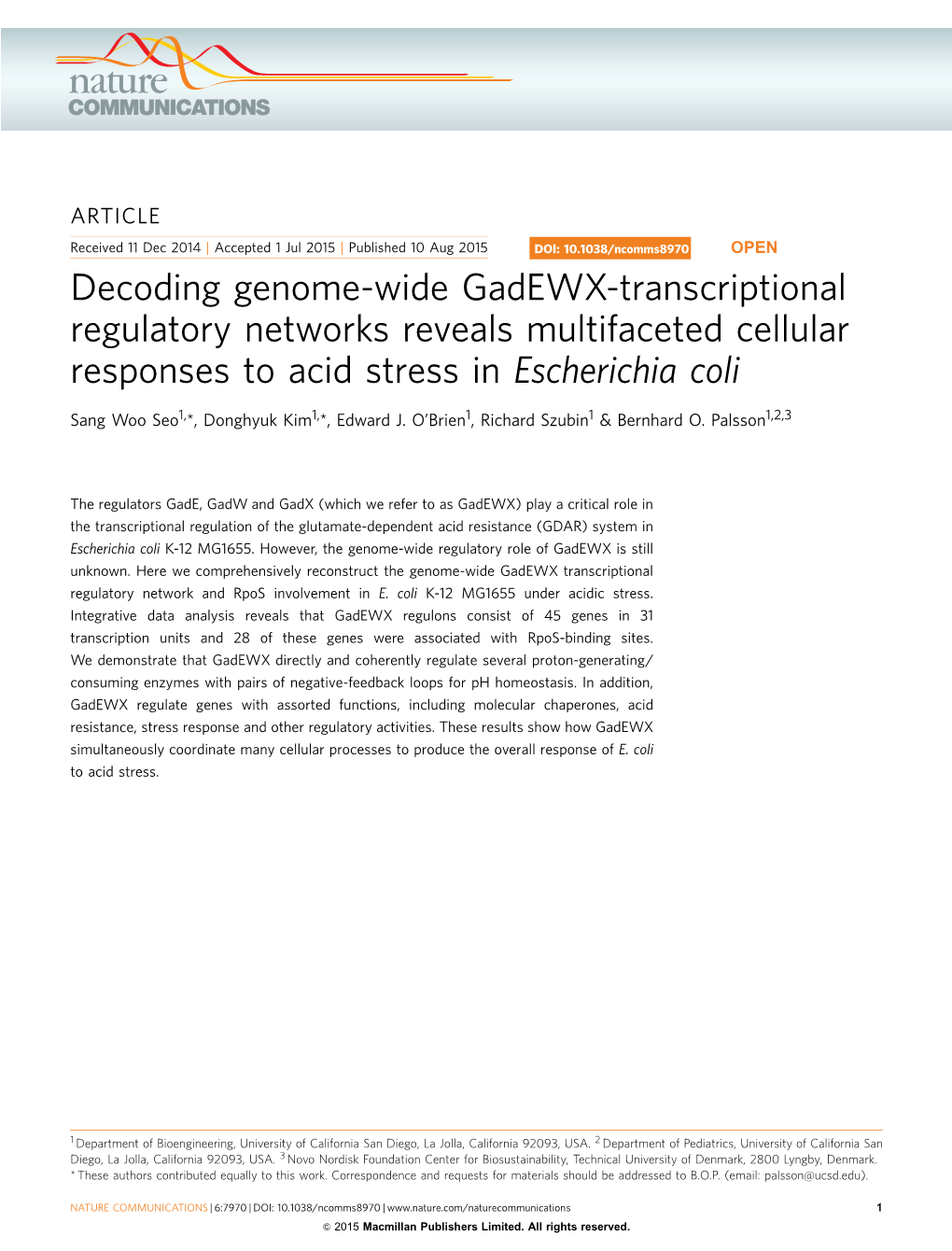 Decoding Genome-Wide Gadewx-Transcriptional Regulatory Networks Reveals Multifaceted Cellular Responses to Acid Stress in Escherichia Coli