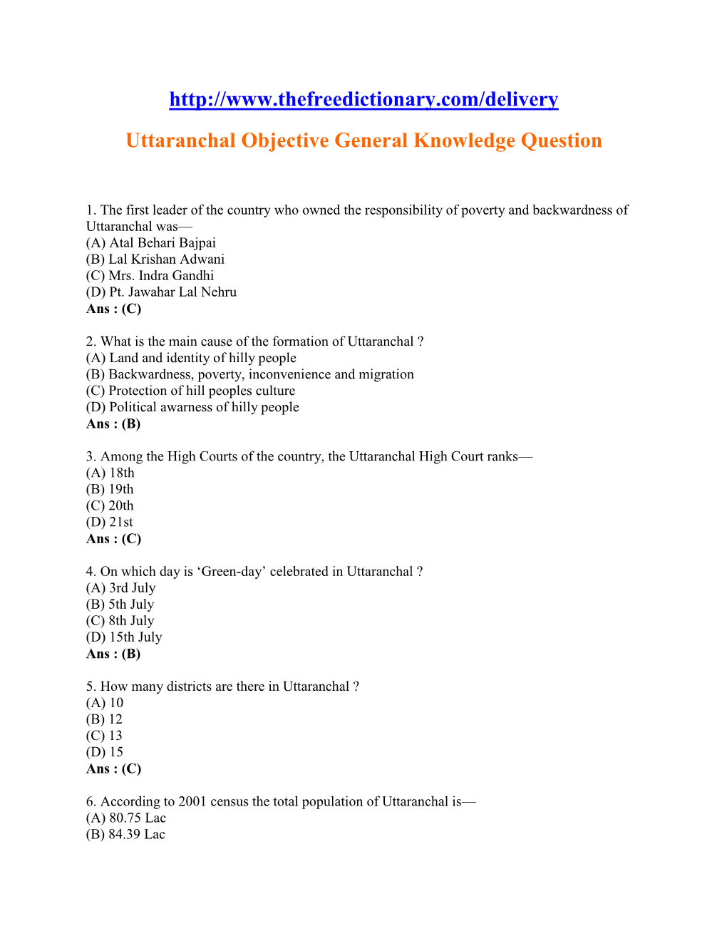 Uttaranchal Objective General Knowledge Question