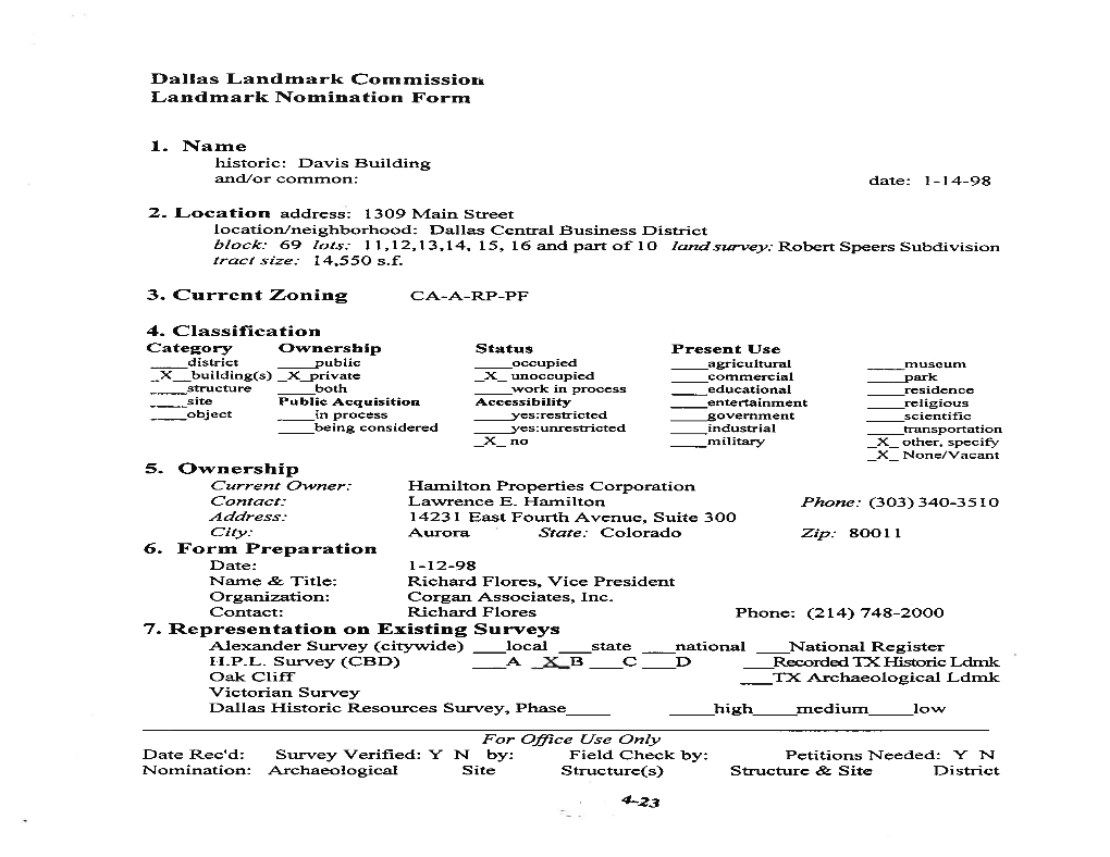 Republic National Bank (Davis) Building Landmark Nomination Form
