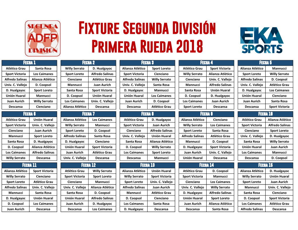 Fixture Segunda División Primera Rueda 2018