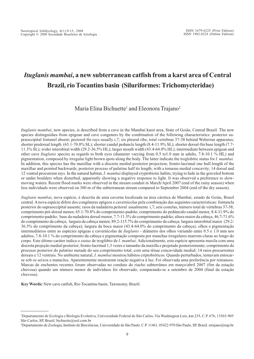 Ituglanis Mambai, a New Subterranean Catfish from a Karst Area of Central Brazil, Rio Tocantins Basin (Siluriformes: Trichomycteridae)