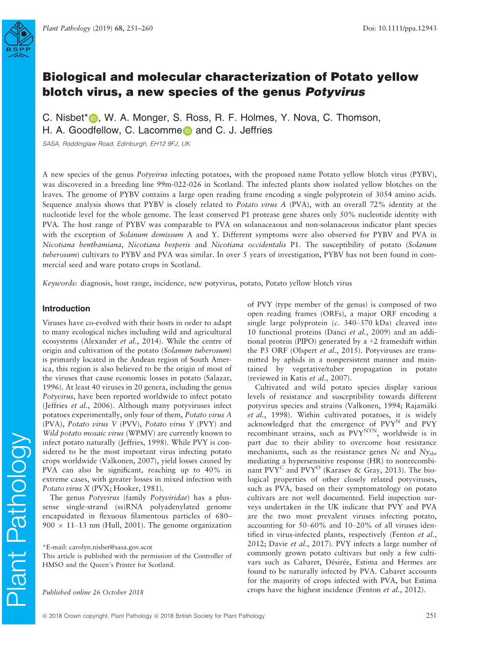 Biological and Molecular Characterization of Potato Yellow Blotch Virus, a New Species of the Genus Potyvirus