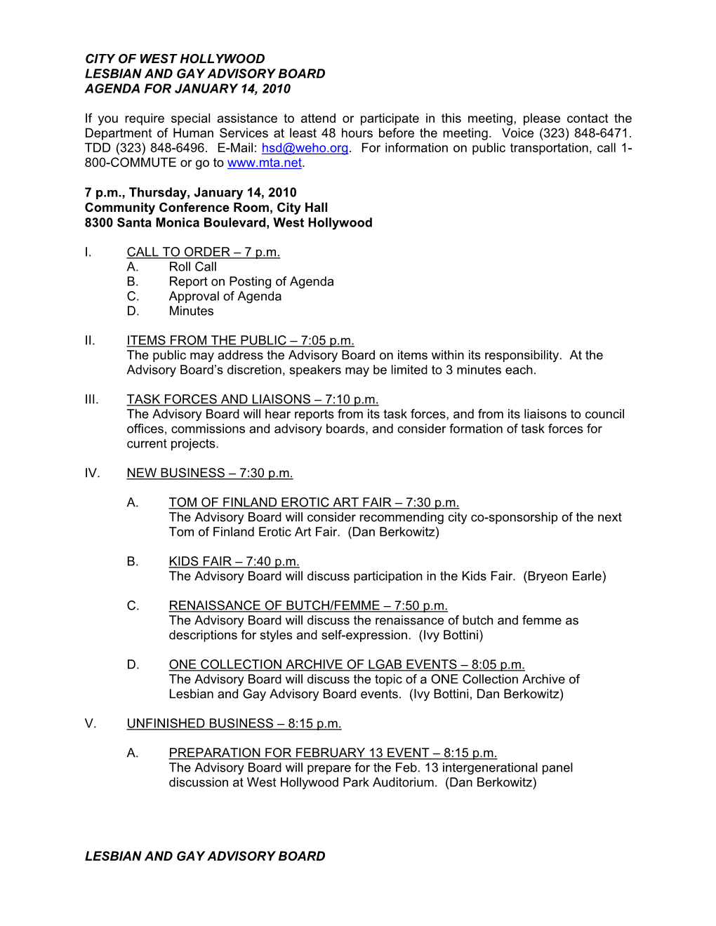 City of West Hollywood Lesbian and Gay Advisory Board Agenda for January 14, 2010