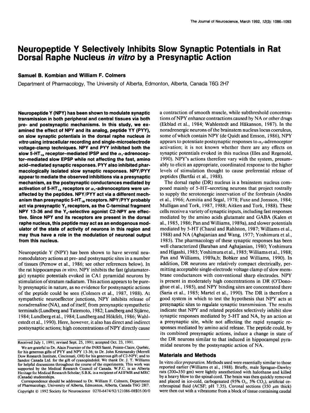 Neuropeptide Y Selectively Inhibits Slow Synaptic Potentials in Rat Dorsal Raphe Nucleus in Vitro by a Presynaptic Action