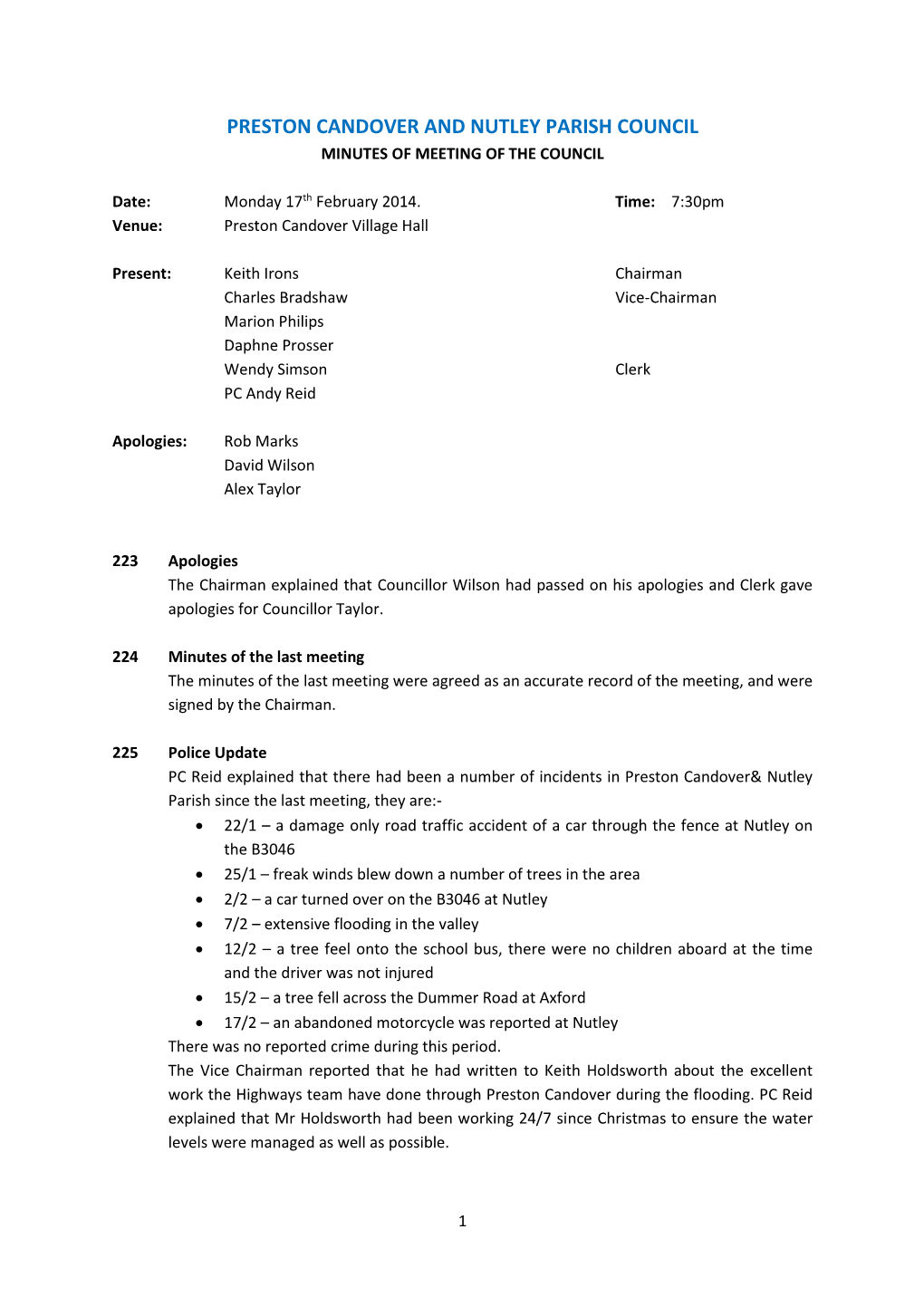 Preston Candover and Nutley Parish Council Minutes of Meeting of the Council