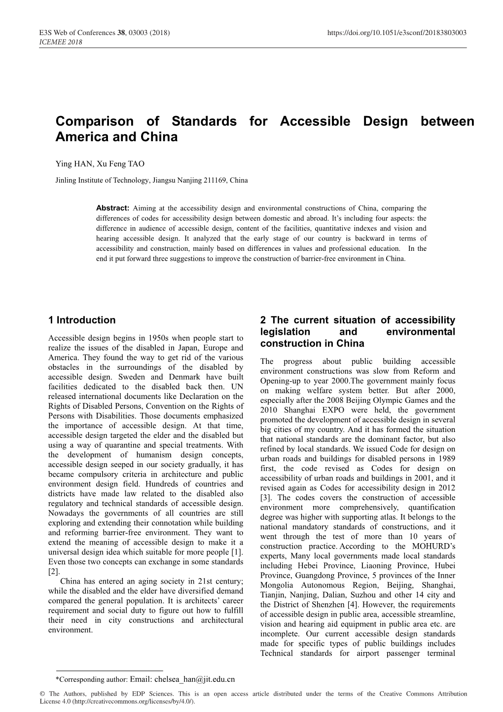Comparison of Standards for Accessible Design Between America and China