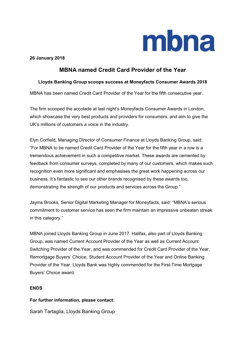 MBNA Named Credit Card Provider of the Year