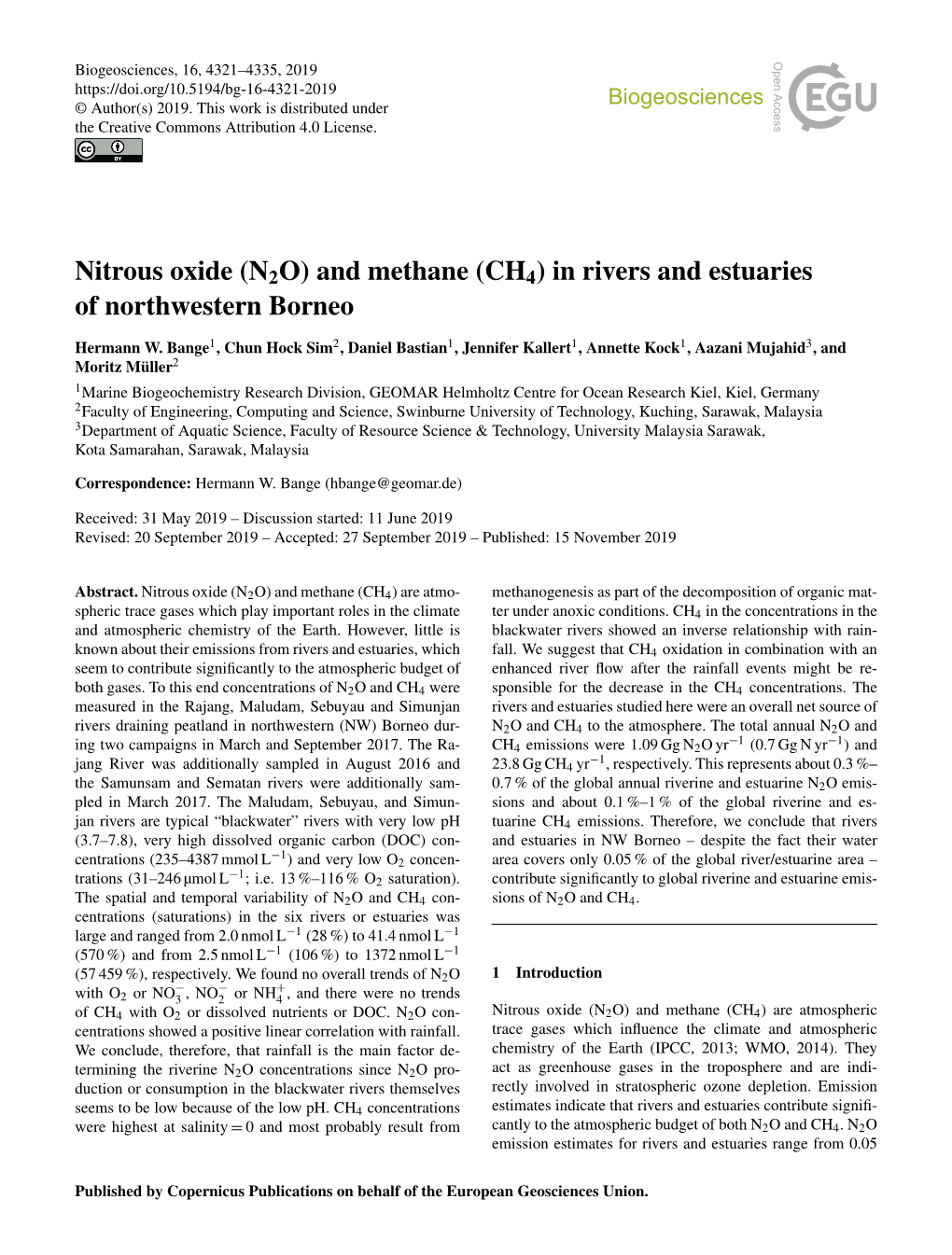 Nitrous Oxide (N2O) and Methane (CH4) in Rivers and Estuaries of Northwestern Borneo