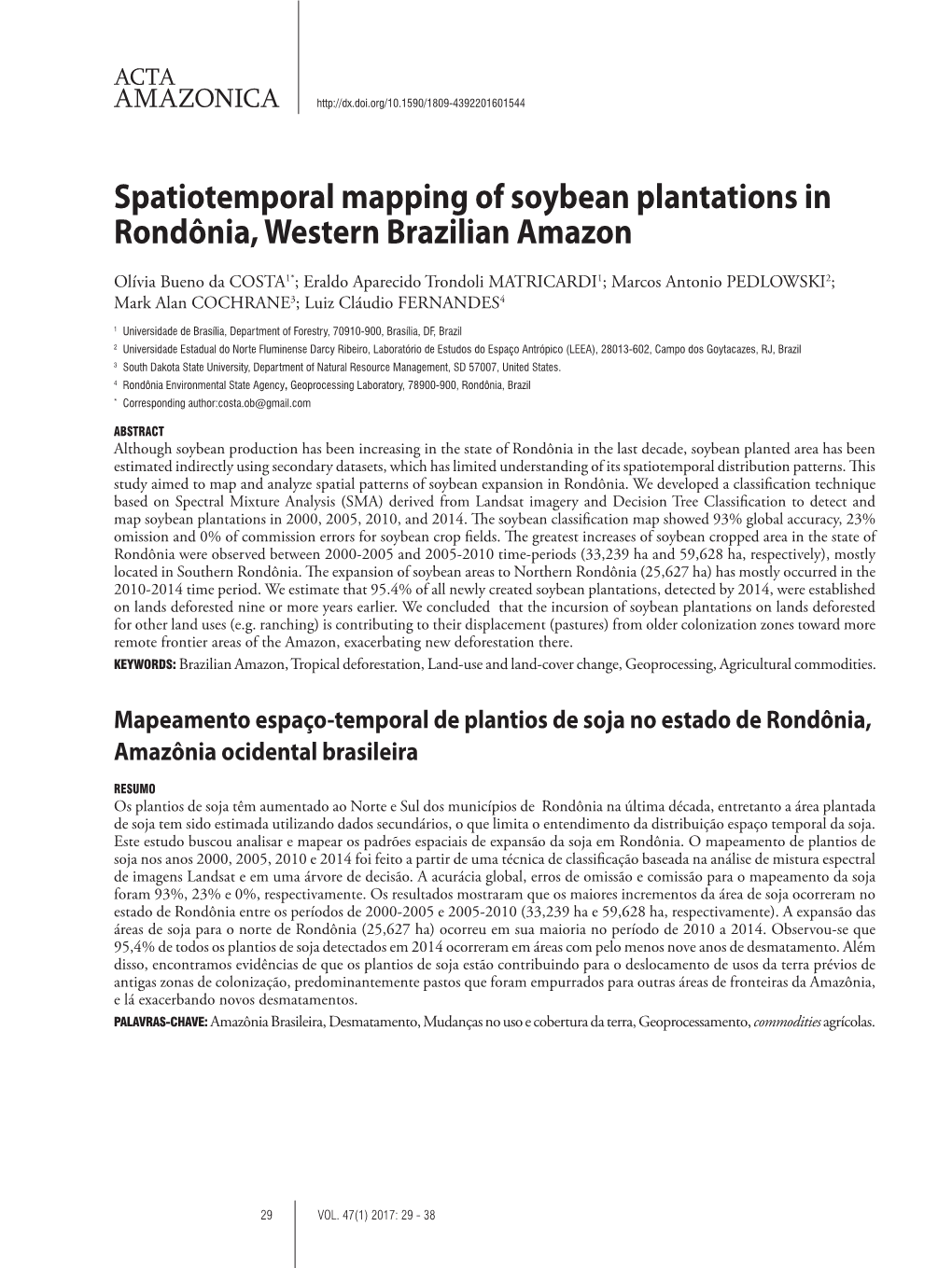 Spatiotemporal Mapping of Soybean Plantations in Rondônia, Western Brazilian Amazon