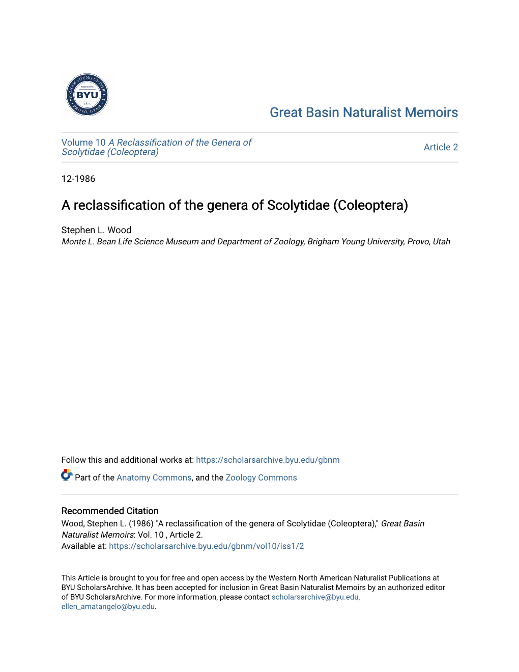 A Reclassification of the Genera of Scolytidae (Coleoptera) Article 2