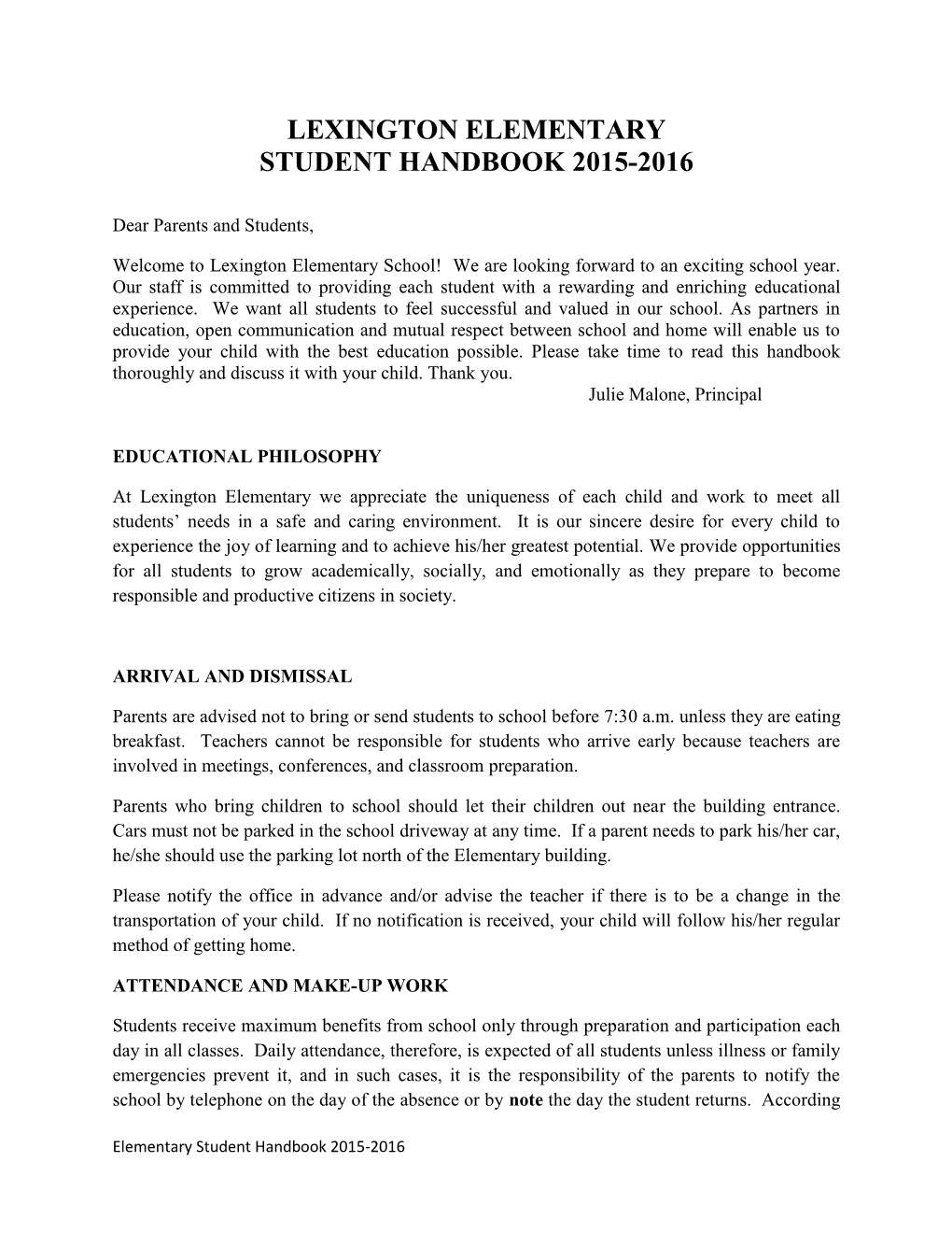 Lexington Elementary Student Handbook 2015-2016