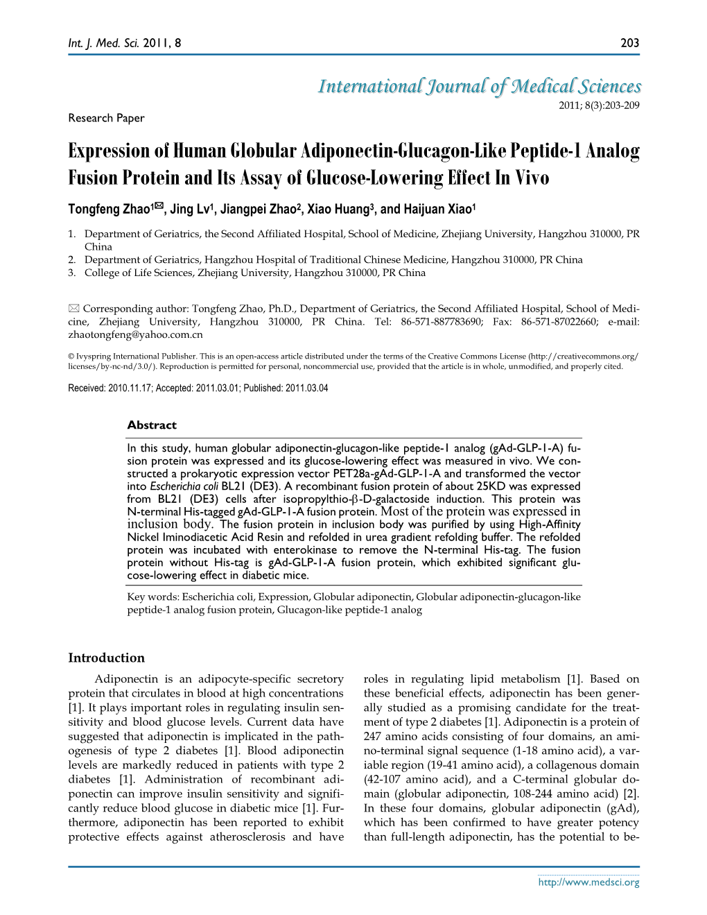 Expression of Human Globular Adiponectin-Glucagon-Like Peptide-1 Analog Fusion Protein and Its Assay of Glucose-Lowering Effect