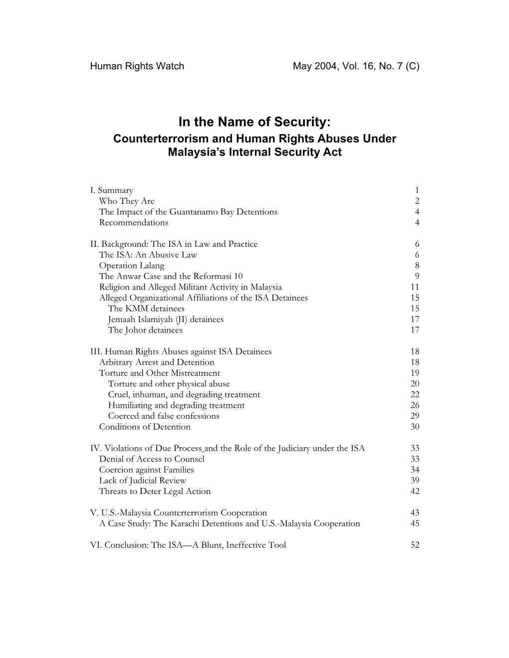 In the Name of Security: Counterterrorism and Human Rights Abuses Under Malaysia’S Internal Security Act