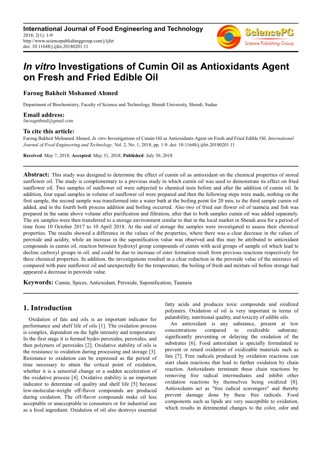 In Vitro Investigations of Cumin Oil As Antioxidants Agent on Fresh and Fried Edible Oil