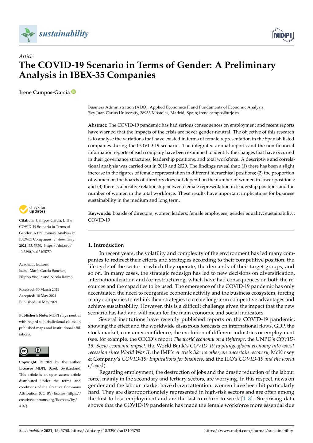 The COVID-19 Scenario in Terms of Gender: a Preliminary Analysis in IBEX-35 Companies