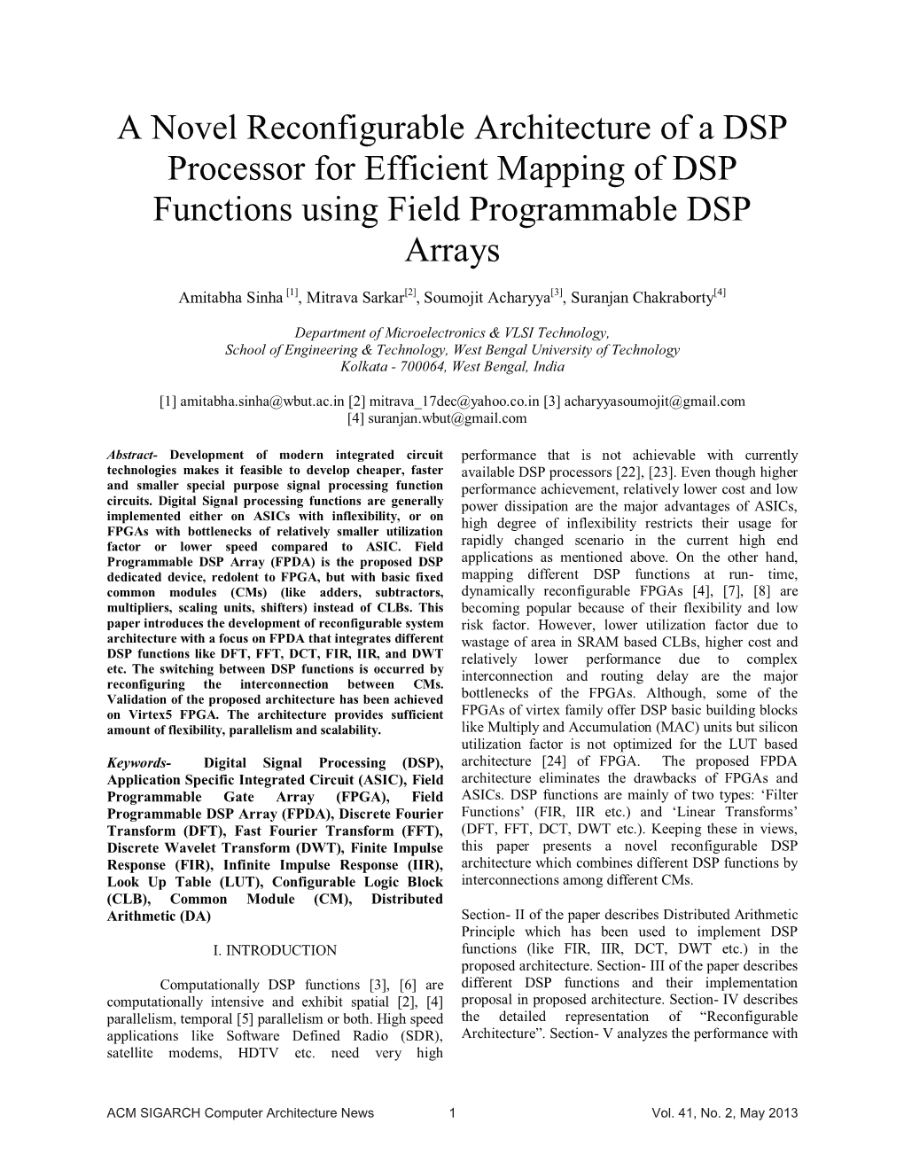 A Novel Reconfigurable Architecture of a DSP Processor for Efficient Mapping of DSP Functions Using Field Programmable DSP Arrays