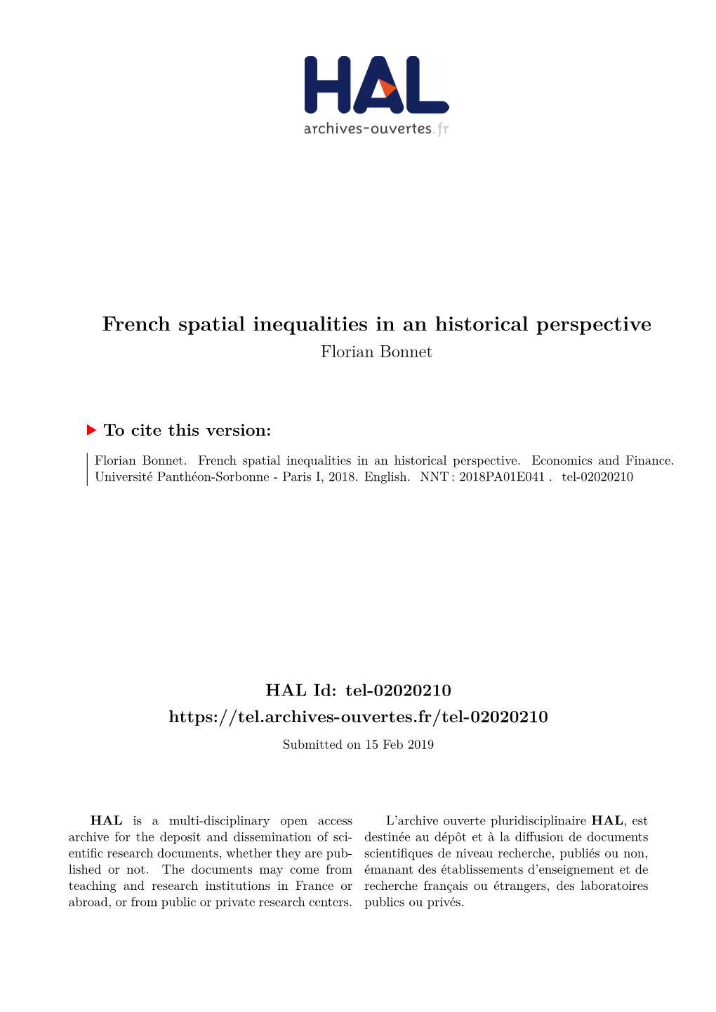 French Spatial Inequalities in an Historical Perspective Florian Bonnet