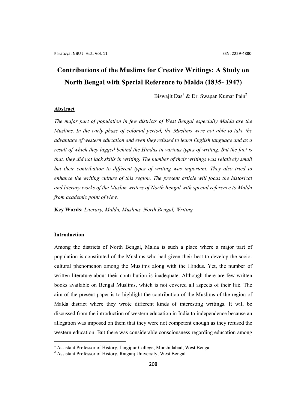 Contributions of the Muslims for Creative Writings: a Study on North Bengal with Special Reference to Malda (1835- 1947)