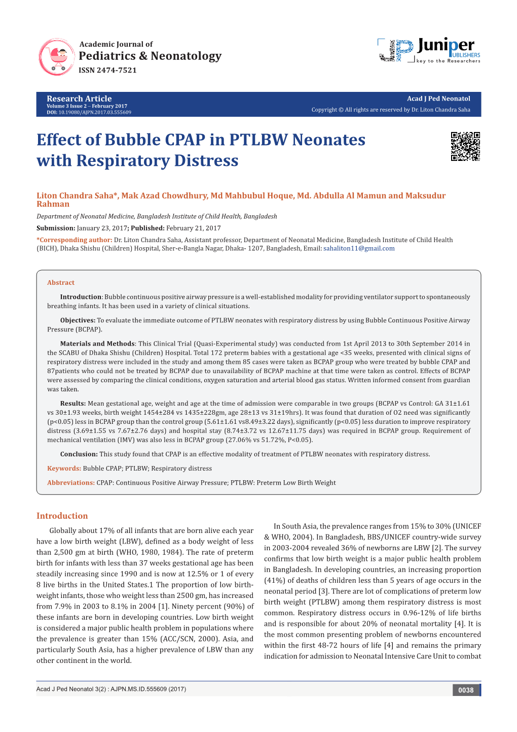 Effect of Bubble CPAP in PTLBW Neonates with Respiratory Distress