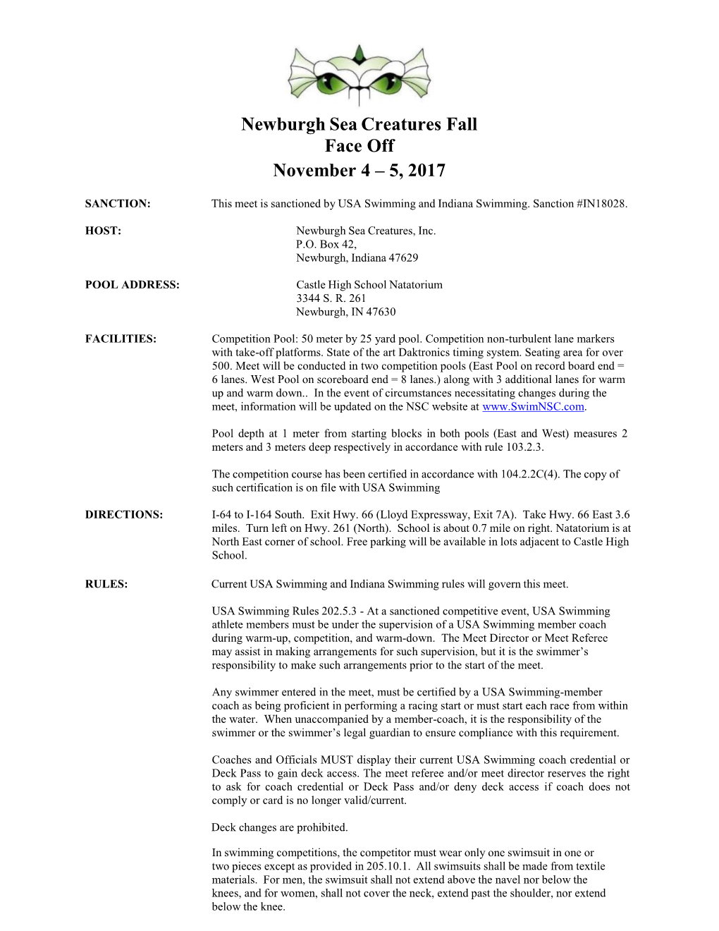 Newburgh Sea Creatures Fall Face Off November 4 – 5, 2017