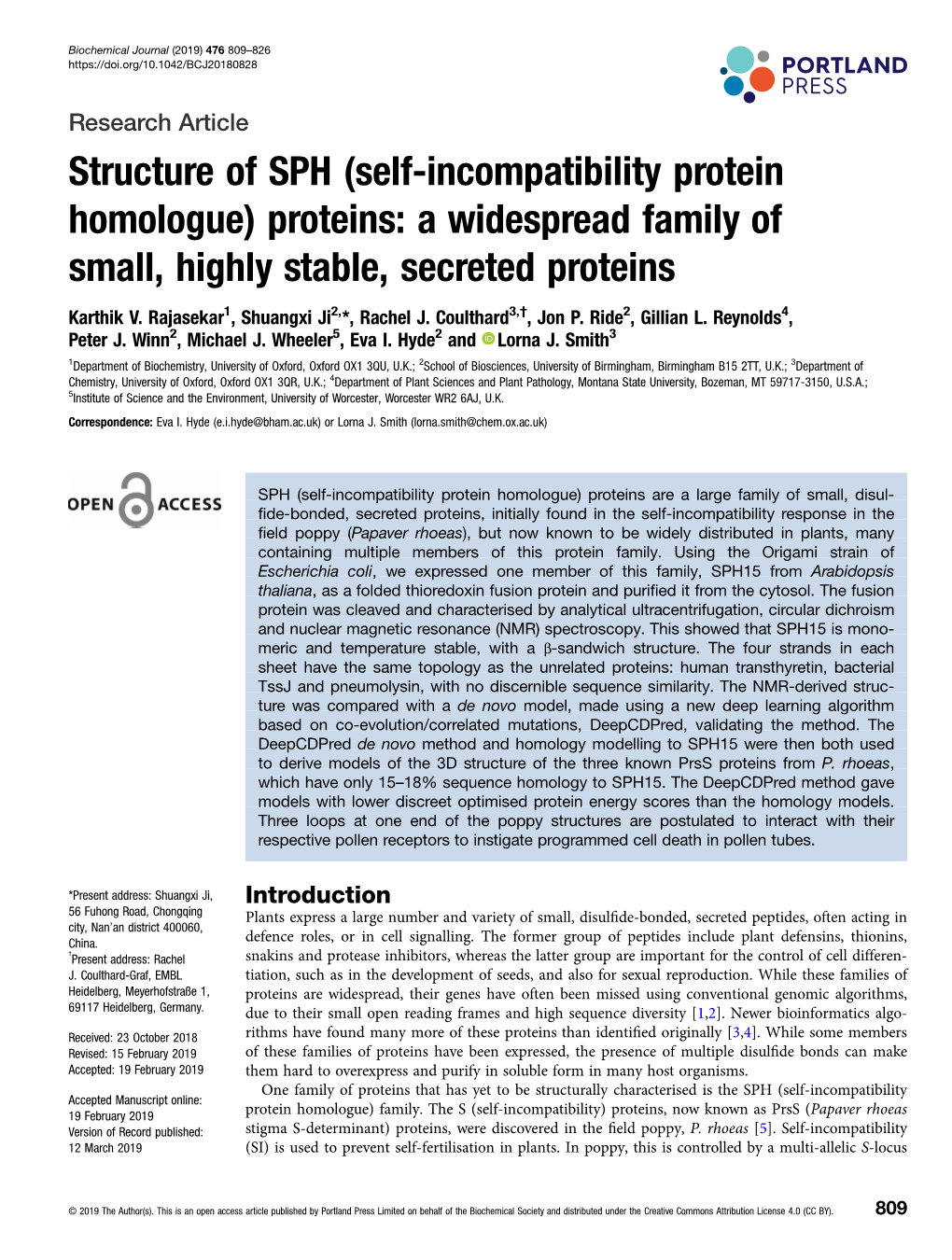 Structure of SPH (Self-Incompatibility Protein Homologue) Proteins: a Widespread Family of Small, Highly Stable, Secreted Proteins