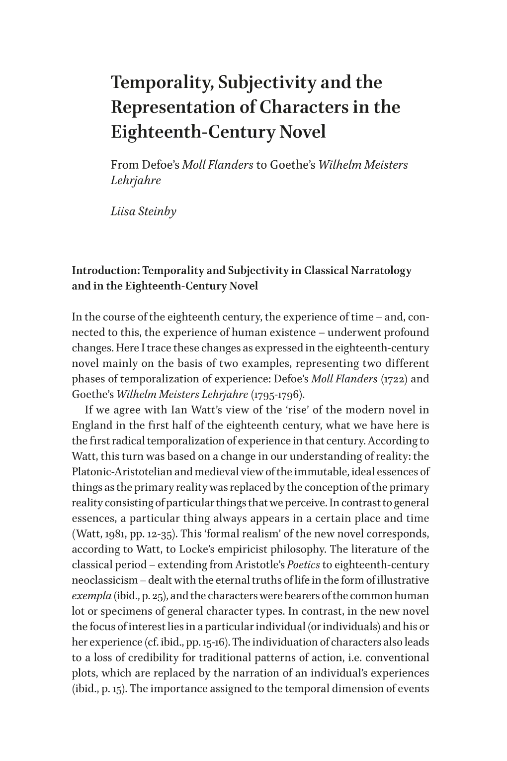 Temporality, Subjectivity and the Representation of Characters in the Eighteenth-Century Novel