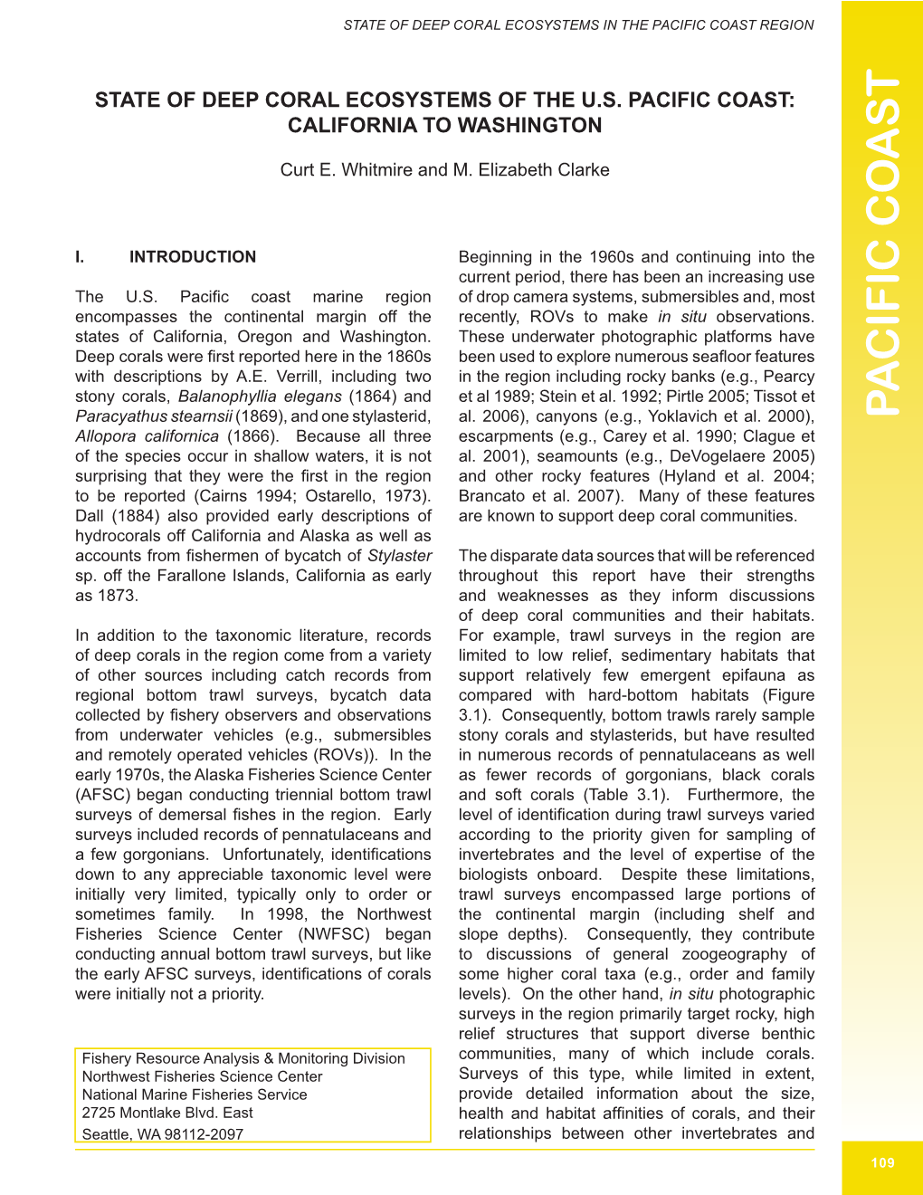 State of Deep Coral Ecosystems of the US Pacific Coast