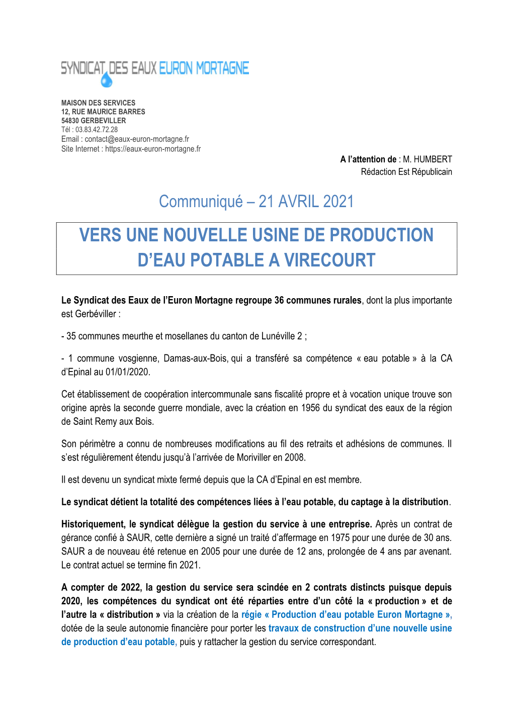 Vers Une Nouvelle Usine De Production D'eau Potable a Virecourt