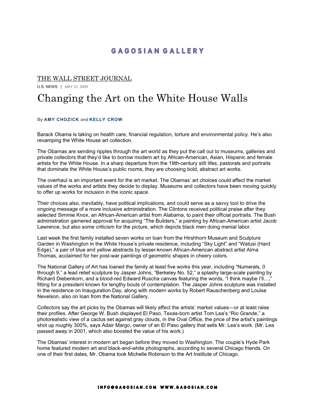 Changing the Art on the White House Walls by Amy Chozick