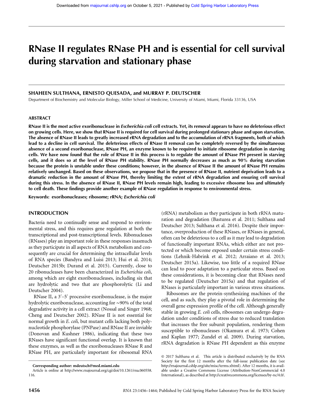 Rnase II Regulates Rnase PH and Is Essential for Cell Survival During Starvation and Stationary Phase