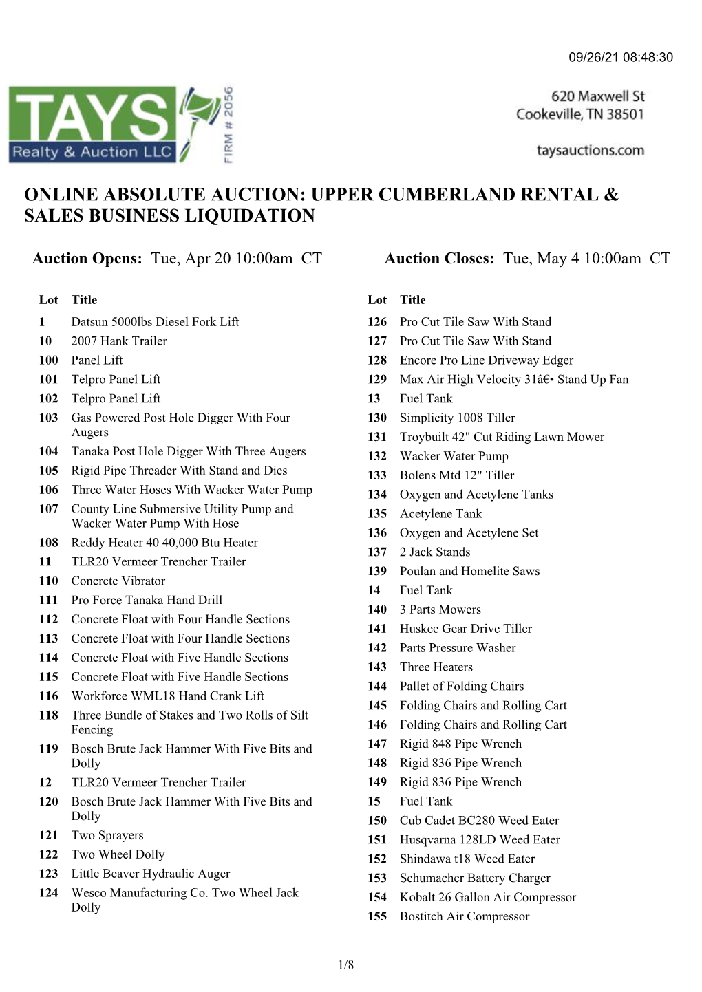 Online Absolute Auction: Upper Cumberland Rental & Sales Business Liquidation