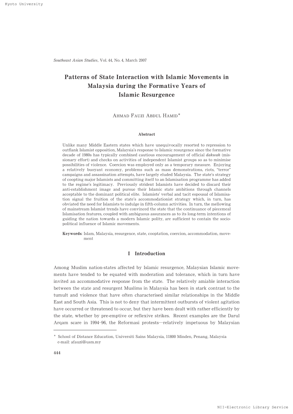 Patterns of State Interaction with Islamic Movements in Malaysia During the Formative Years of Islamic Resurgence