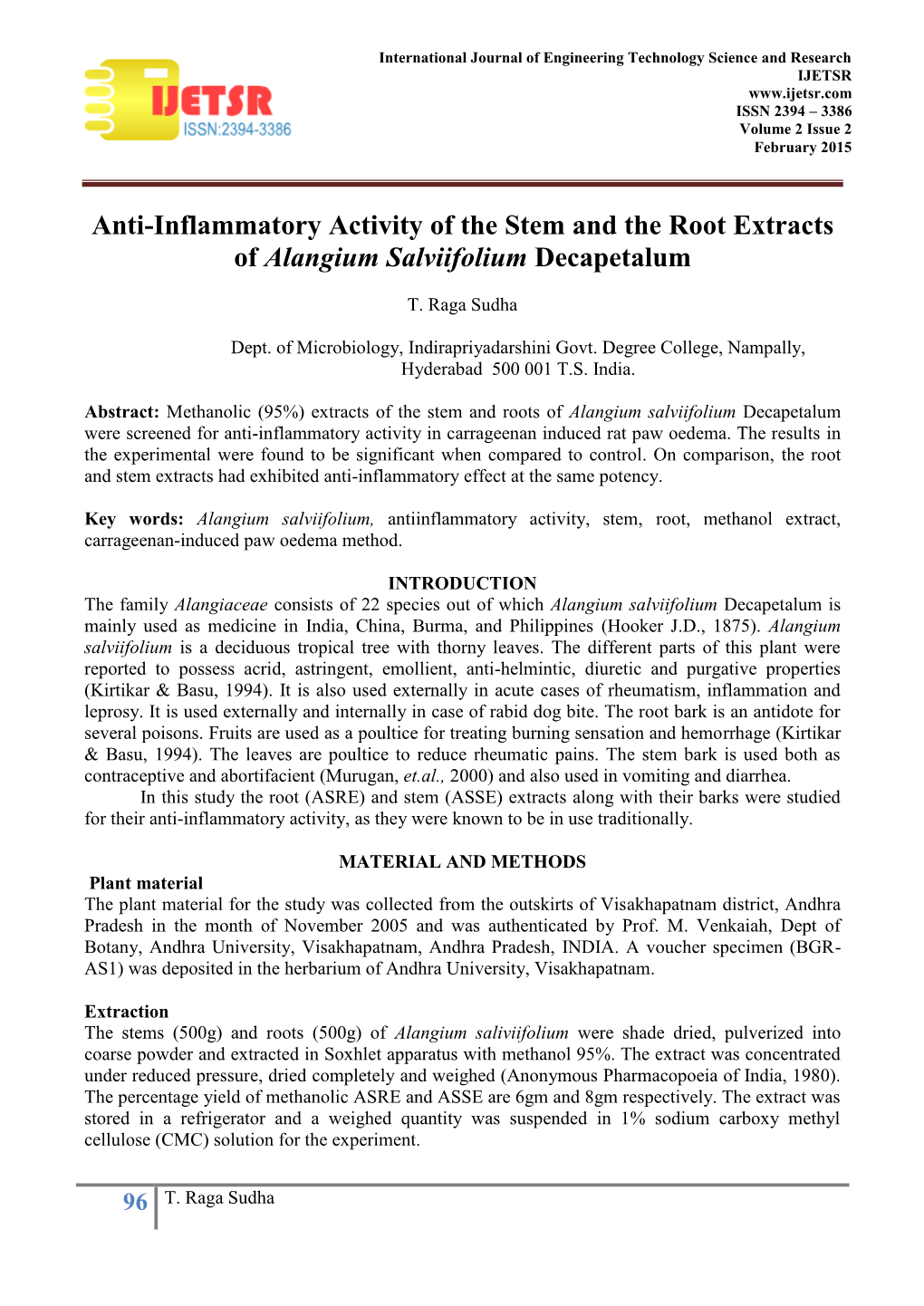 Anti-Inflammatory Activity of Stem and Root Extracts of Alangium Salviifolium Decapetalum