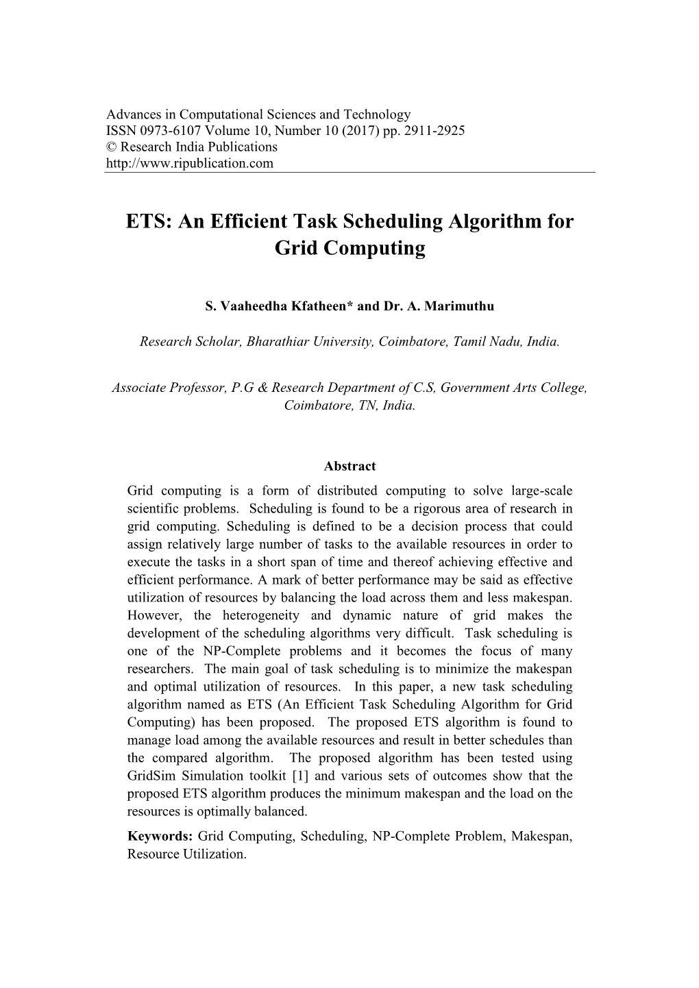 ETS: an Efficient Task Scheduling Algorithm for Grid Computing