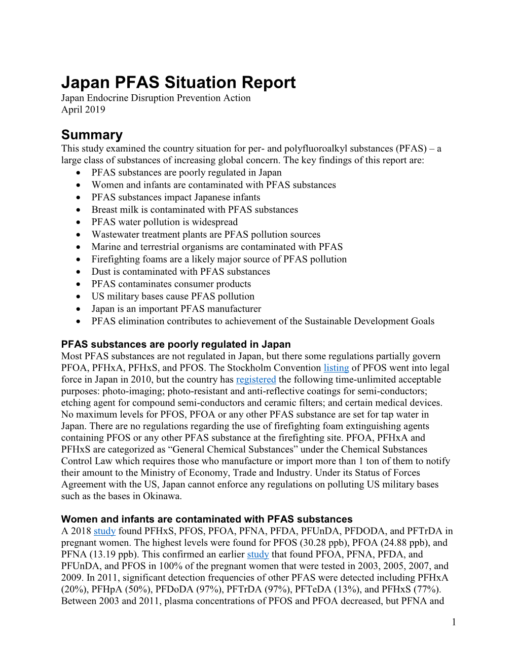 Japan PFAS Situation Report Japan Endocrine Disruption Prevention Action April 2019