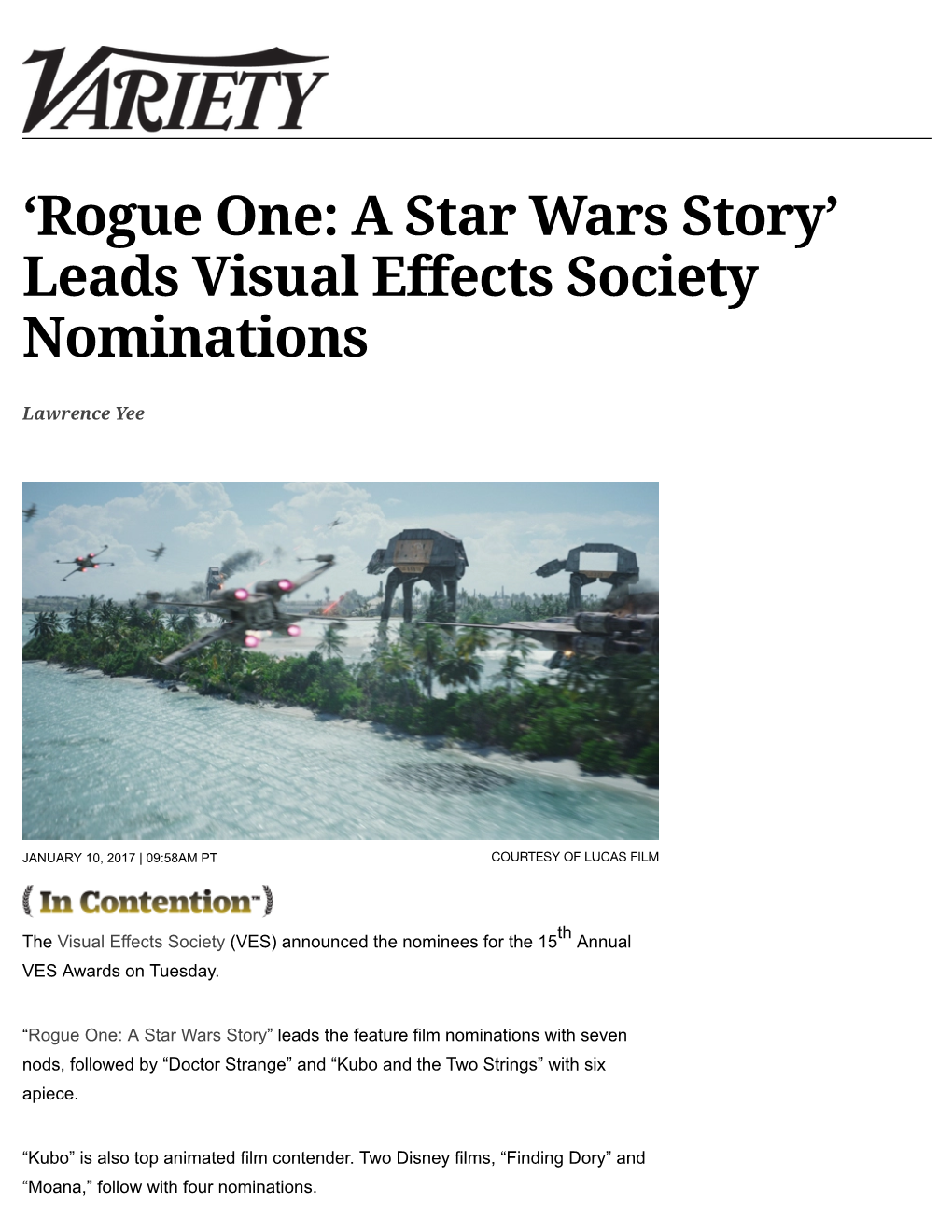'Rogue One: a Star Wars Story' Leads Visual Effects Society Nominations