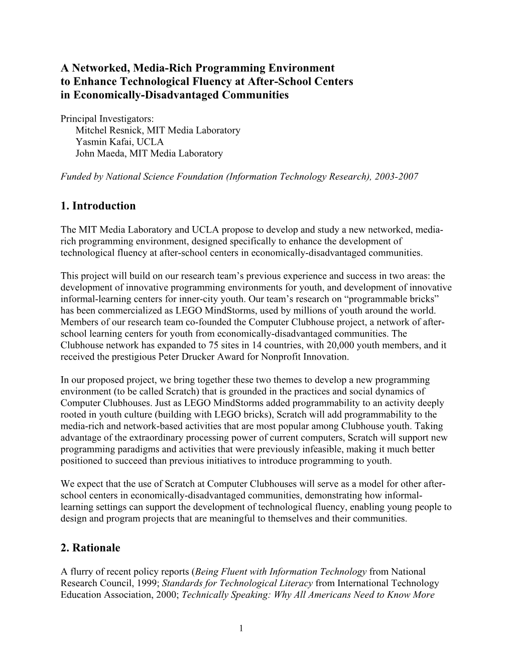 A Networked, Media-Rich Programming Environment to Enhance Technological Fluency at After-School Centers in Economically-Disadvantaged Communities