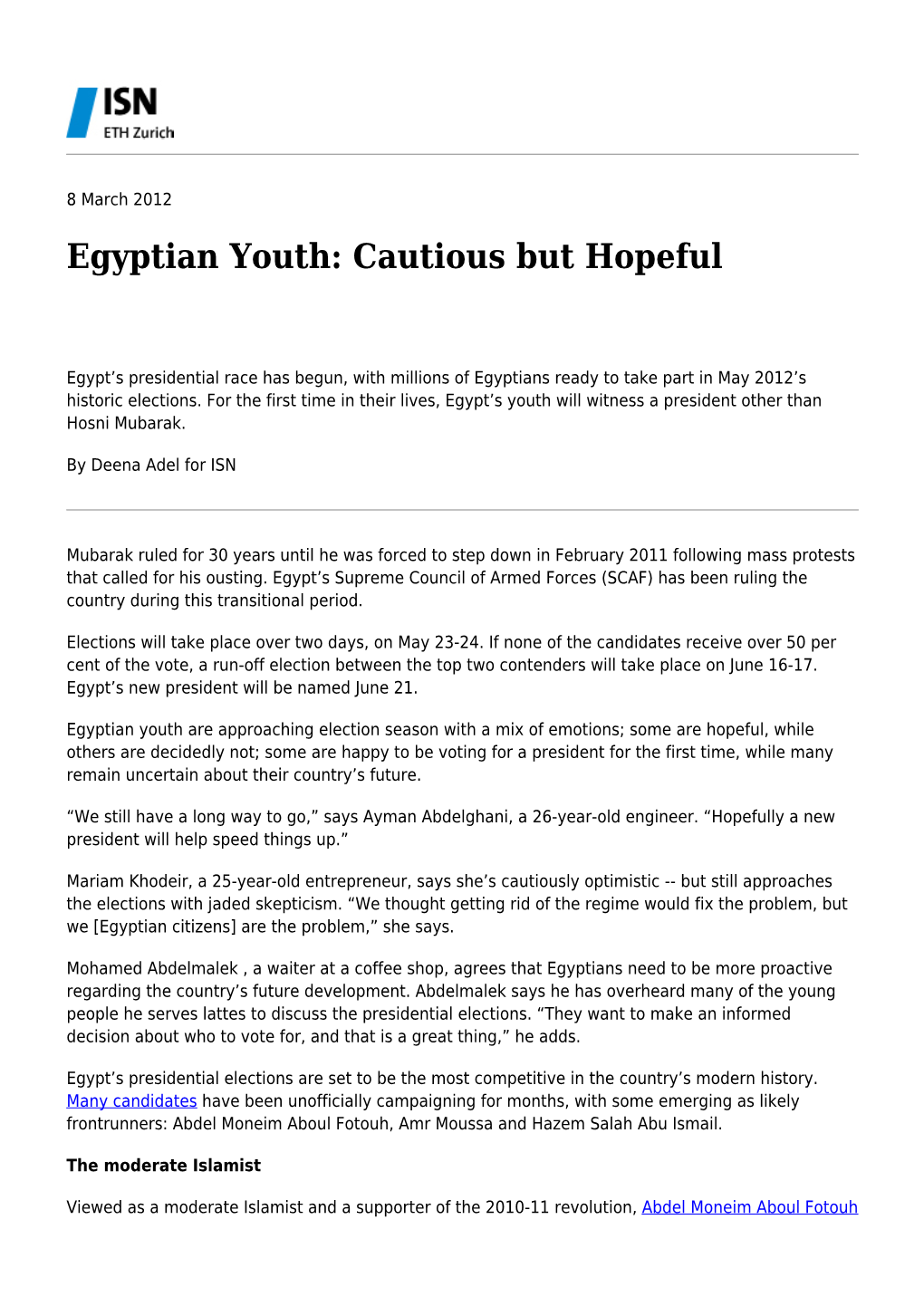 Egyptian Youth: Cautious but Hopeful